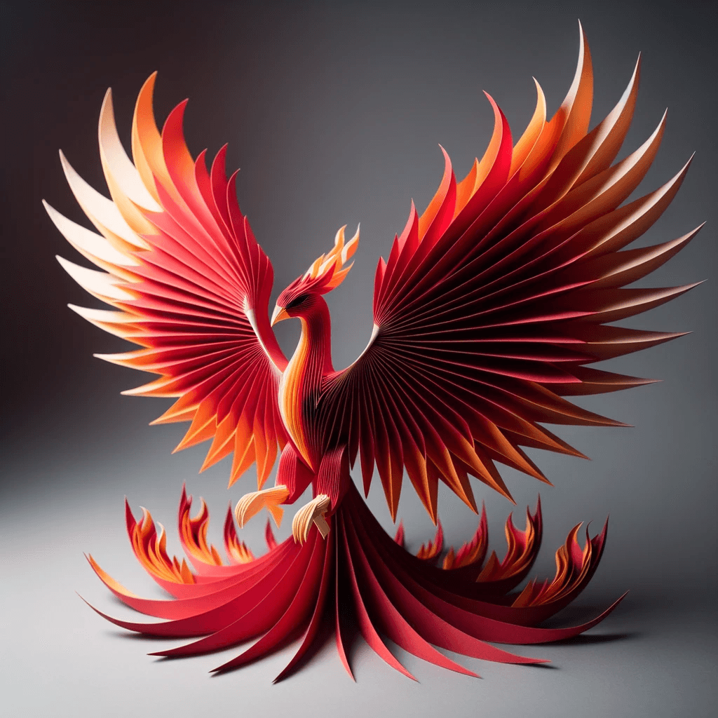 AI generated: A photo of an accordion-fold phoenix sculpture, made from radiant red and orange paper. The phoenix ...