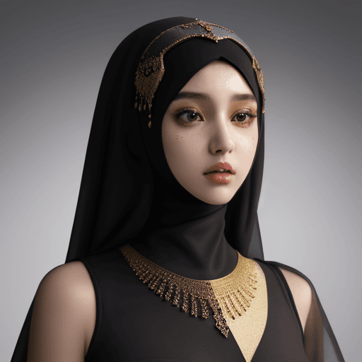 AI generated: an art piece of a hijab fantasy woman , in the style of realistic, fawncore, black and amber, varied...