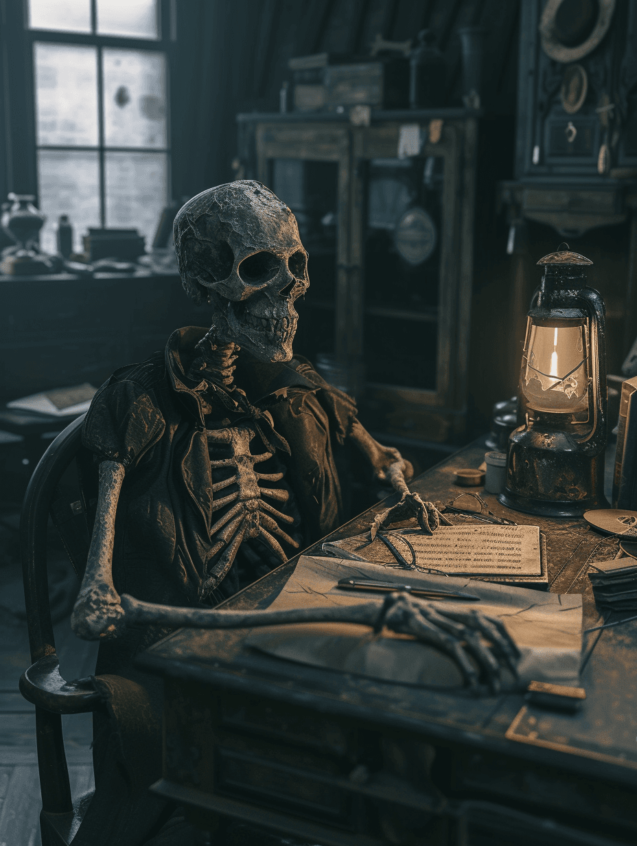 AI generated: a skeleton sitting at a desk with a lantern, in the style of eve ventrue, western-style portraits, z...