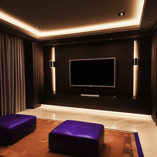 AI generated: Photo of a ultra realistic tv room, Lakers theme, dramatic light, hyper realistic, focused, extreme ...