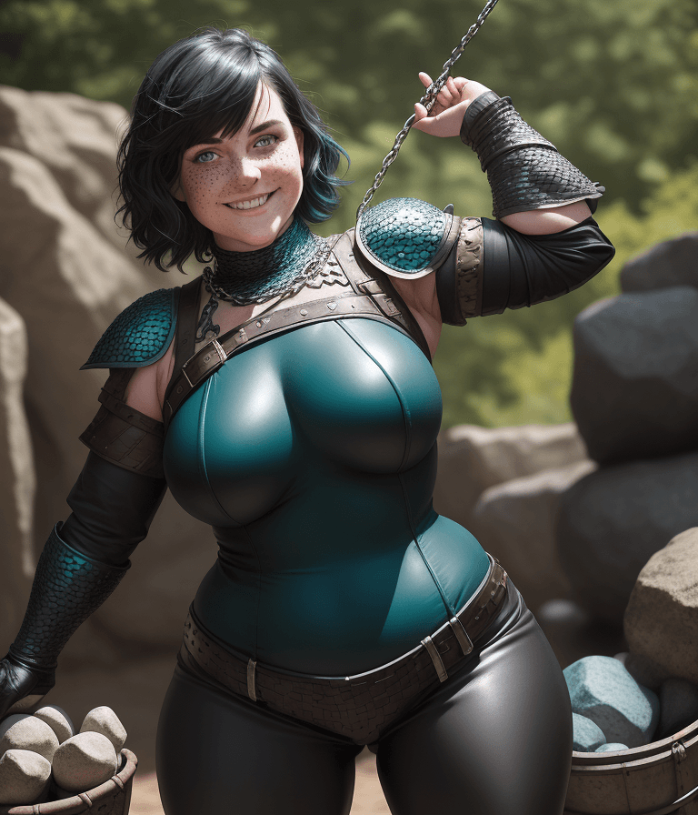 AI generated: It is D&D world, dynamic pose, girl, chubby, she has short length black hair and teal highlights, sh...