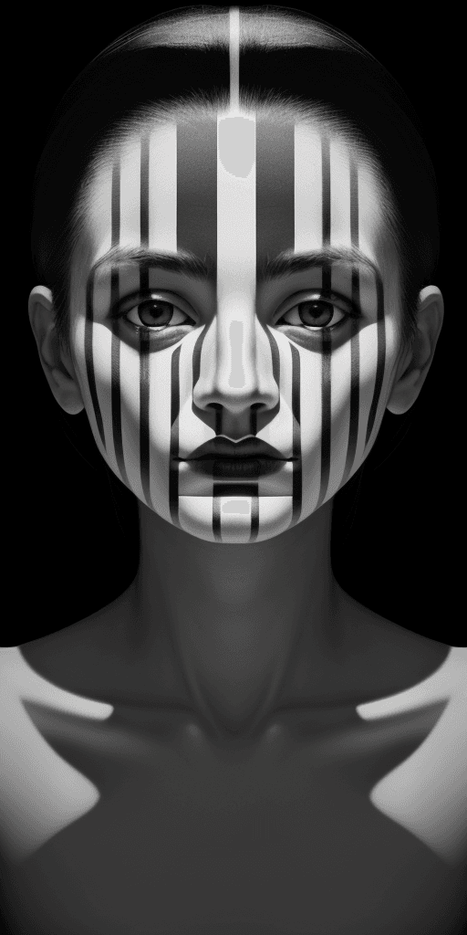 AI generated: black and white photography of the face with lines. The head is made out of stripes of light in the ...