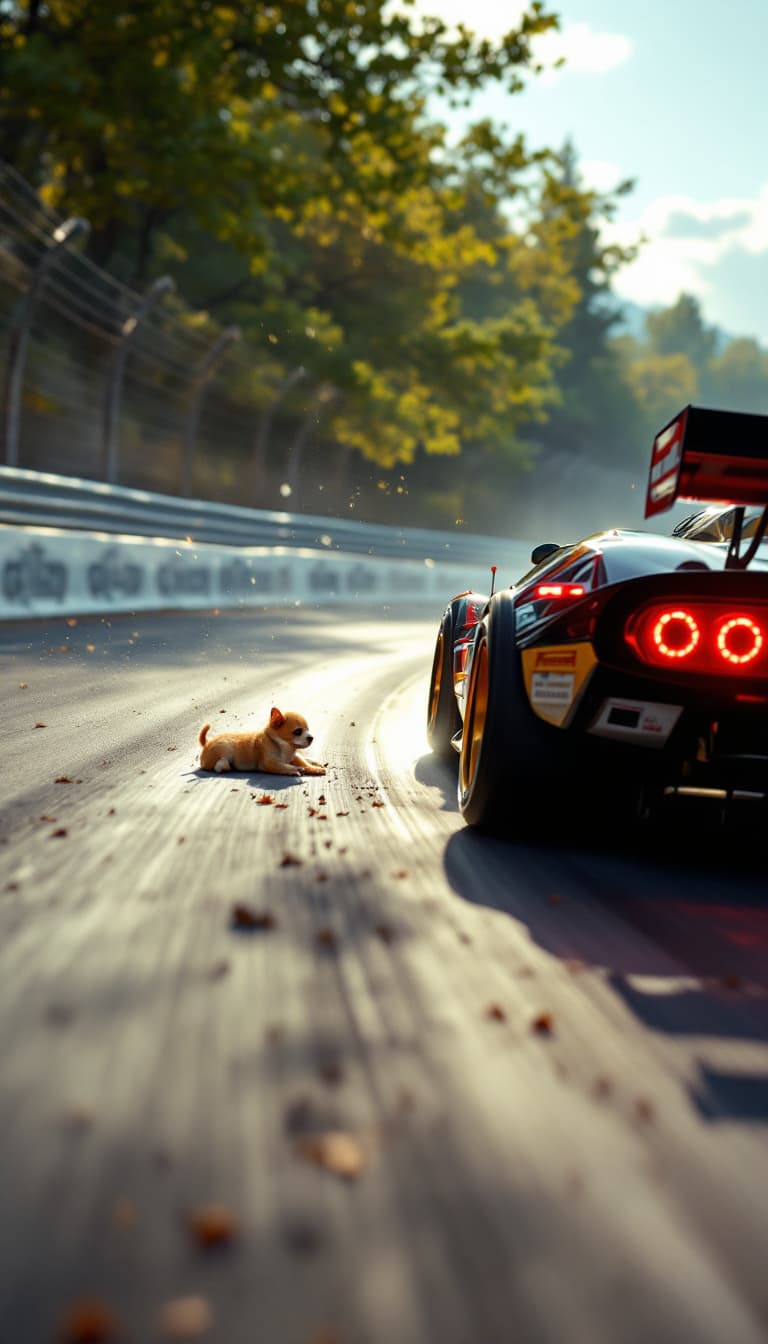 AI generated: Summer. The first racing car, racing along the race track, makes a sharp turn. A little dirt flies f...