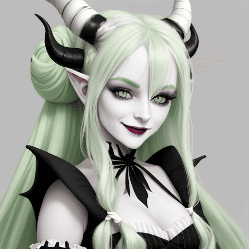 AI generated: YoungTiefling woman with a pastel green dress, long white hair with two side buns and black stripes,...