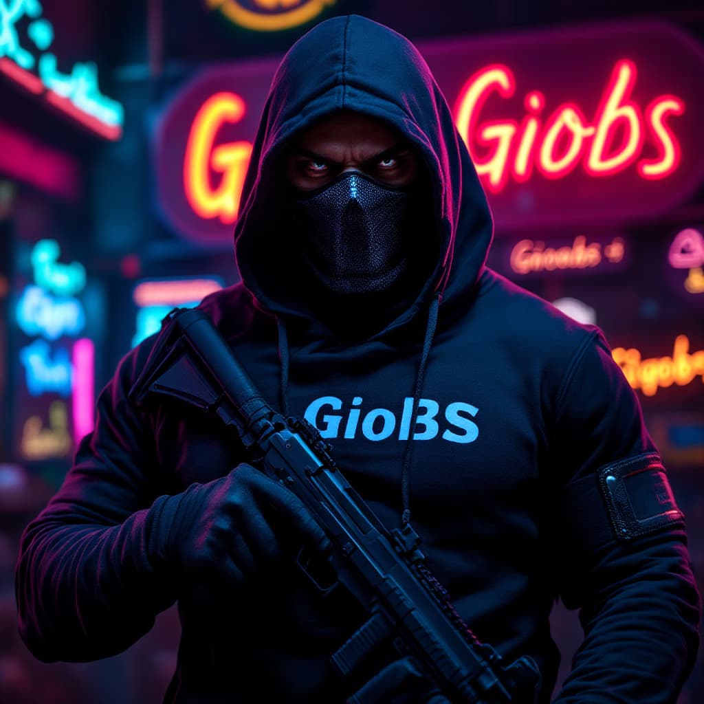 AI generated: dark with RGB neon lights signs background, Brutal muscle man wearing hoody, with a carbon fiber mas...
