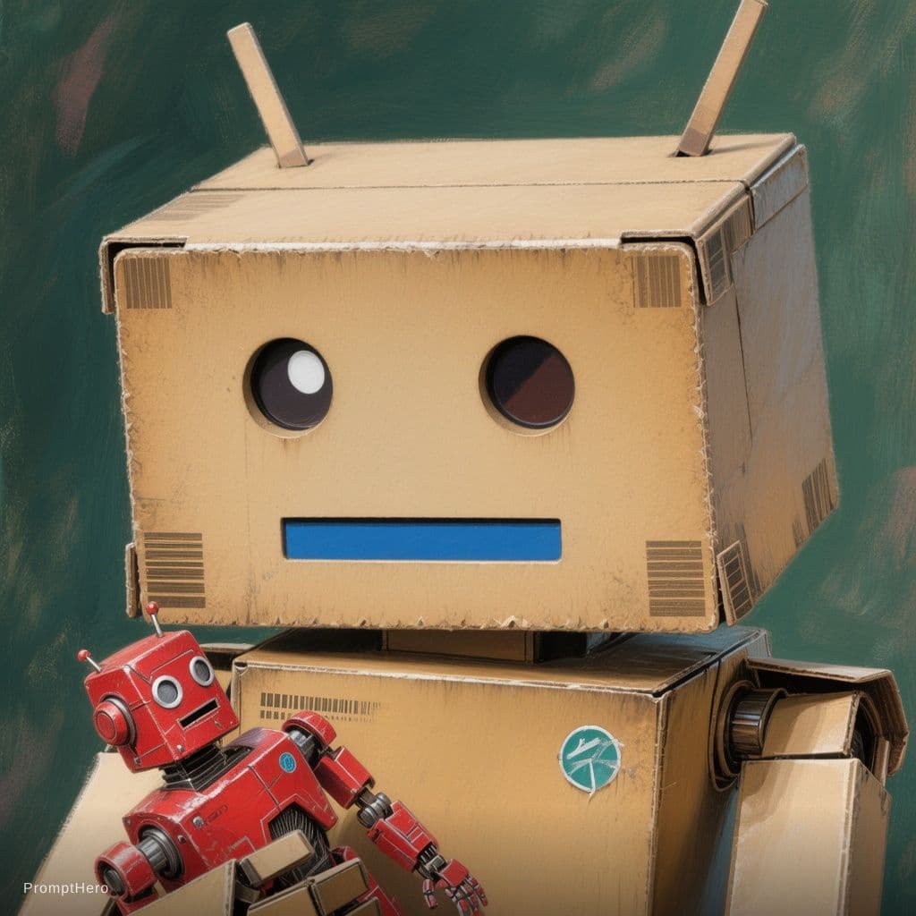 AI generated: A robot made of cardboard in natural light brown color, with antennas, prism-shaped body and head, b...