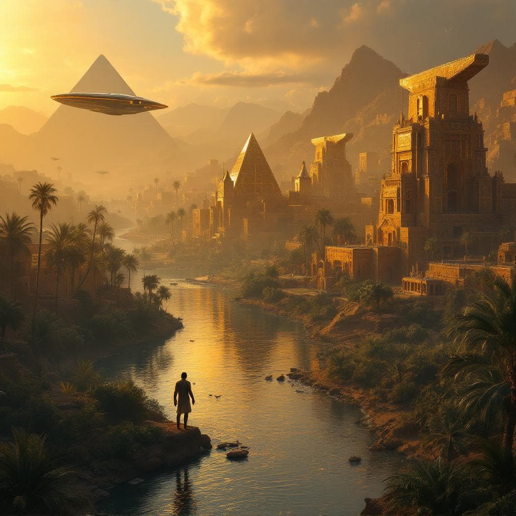 AI generated: A vast golden Abydos Eygpt City in the back of rich thick lush beautiful jungle  thives with rivers ...