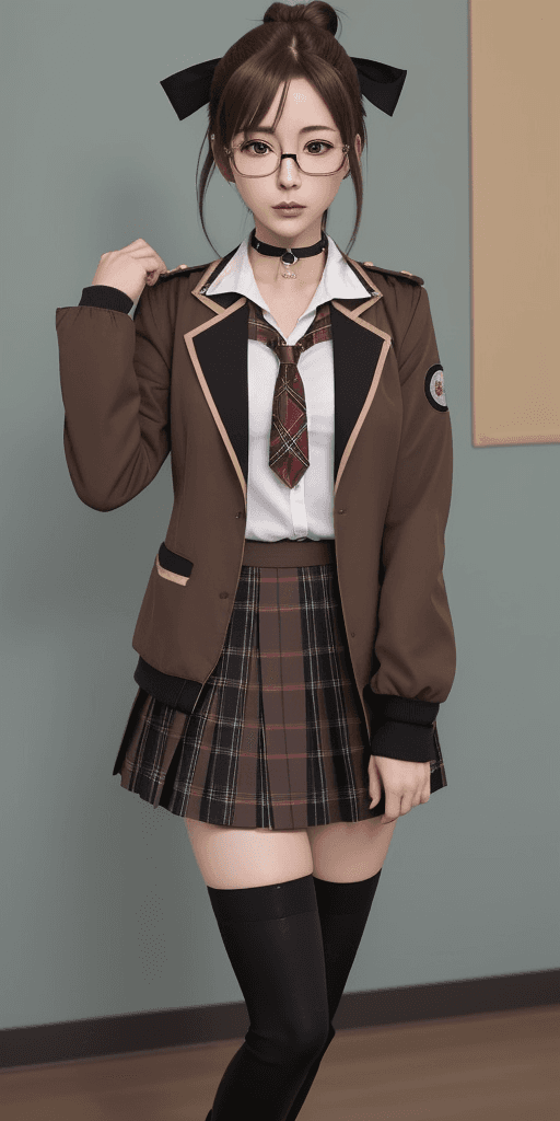 AI generated: shiraki meiko hair bun, glasses school uniform, black thighhighs, plaid skirt, knee boots, ribbon ch...