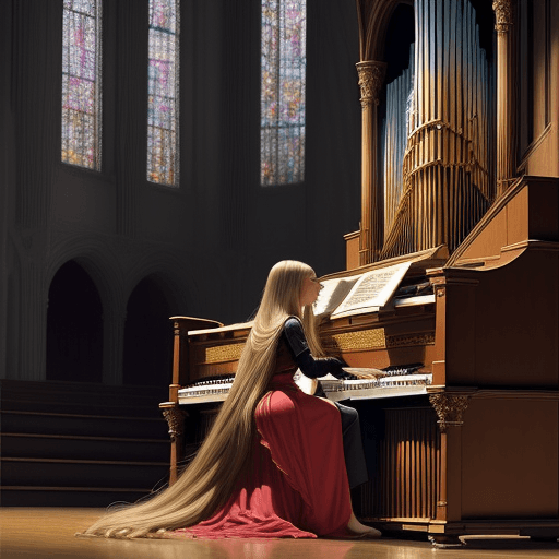 AI generated: A stunning woman with long, flowing hair sits at the organ, her fingers dancing across the keys as s...