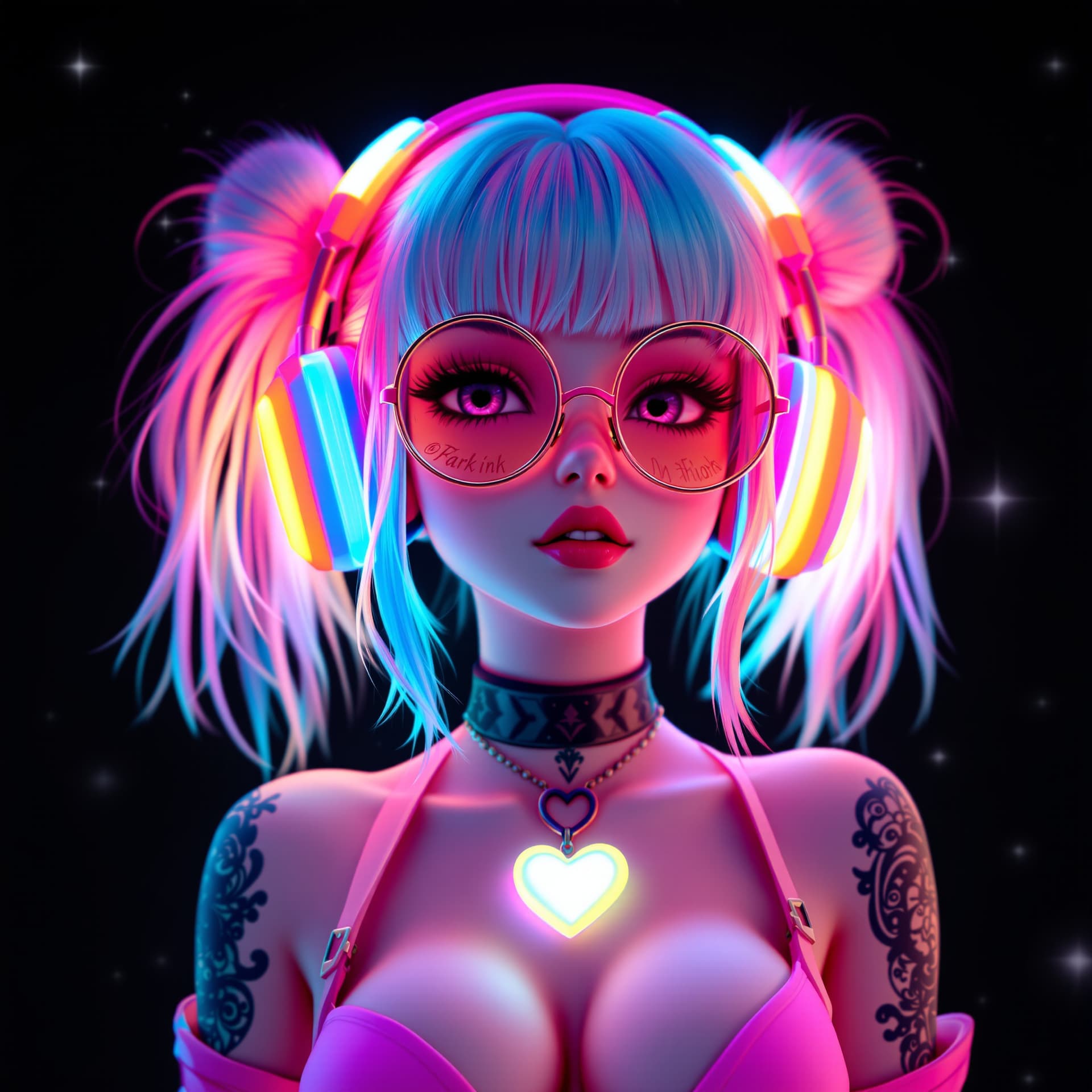 AI generated: A vibrant and dynamic 3D rendered anime character with striking pastel blue and pink hair styled in ...