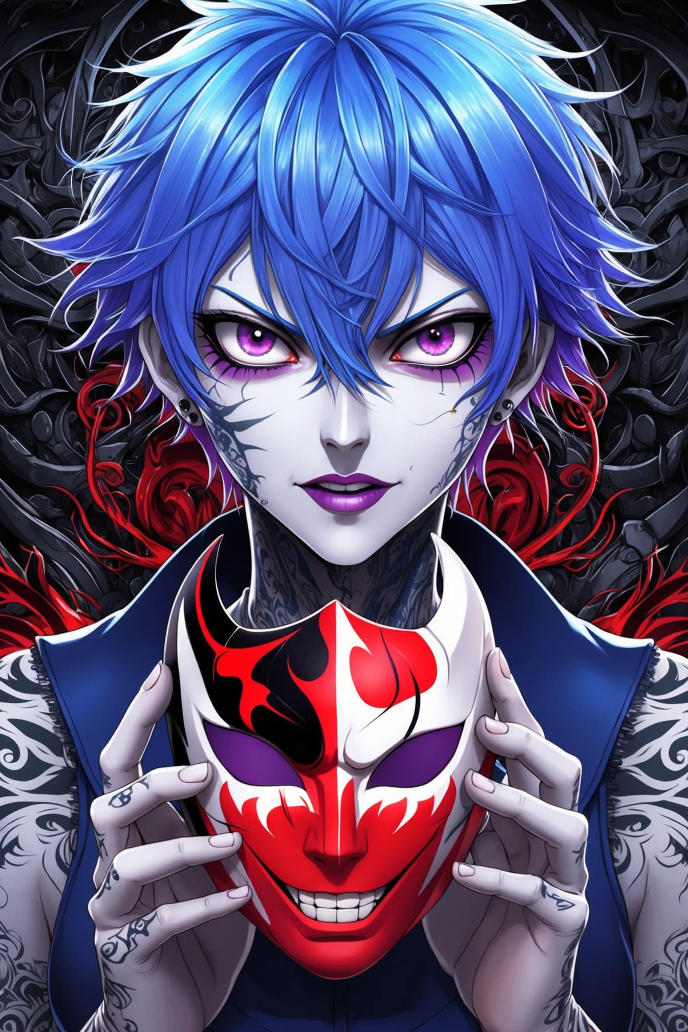 AI generated: Stylized, detailed anime illustration featuring a character with striking blue hair and intense purp...