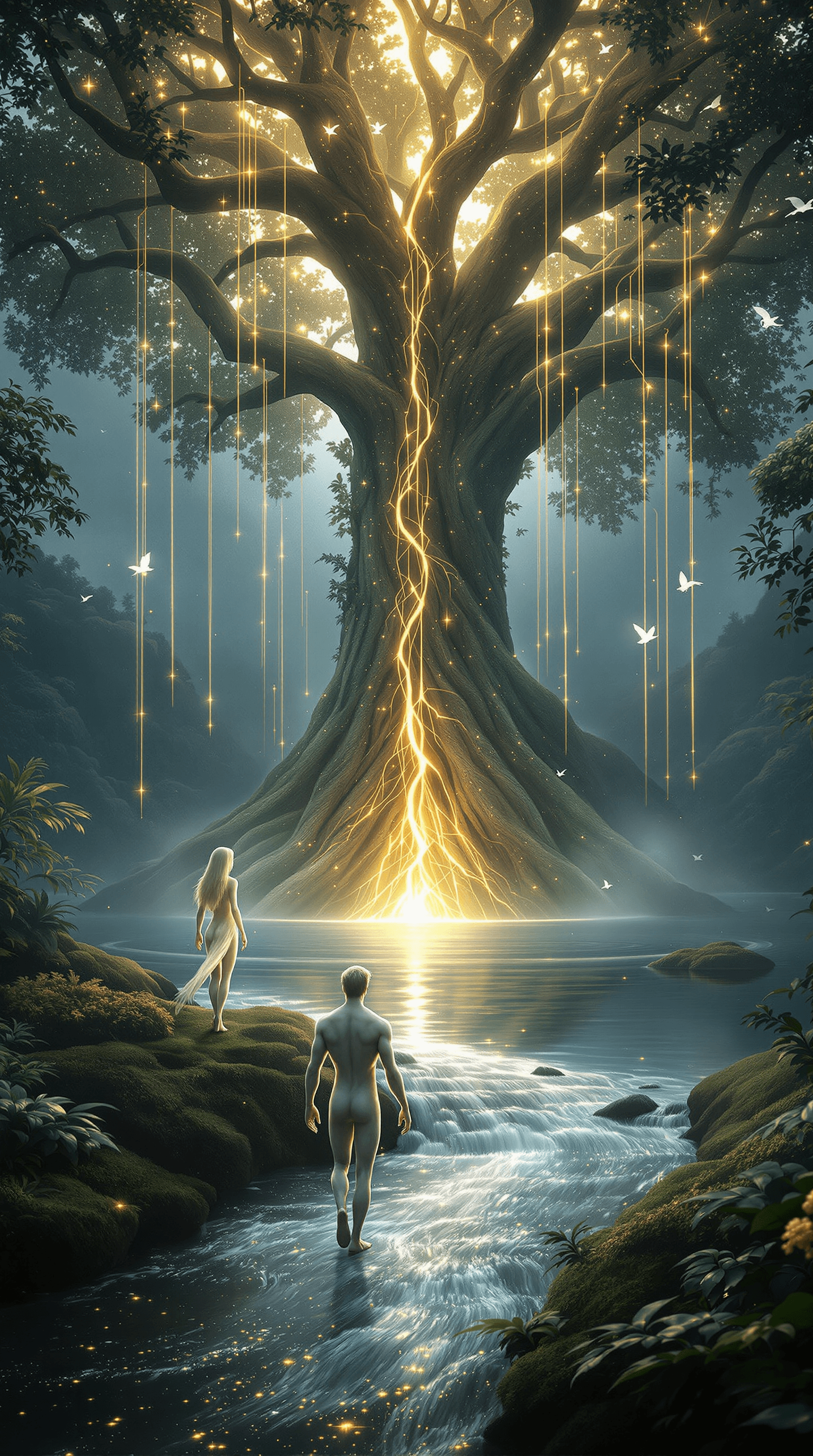 AI generated: A breathtaking **mystical jungle scene**, dense with **luminous foliage**, where **ancient trees tow...