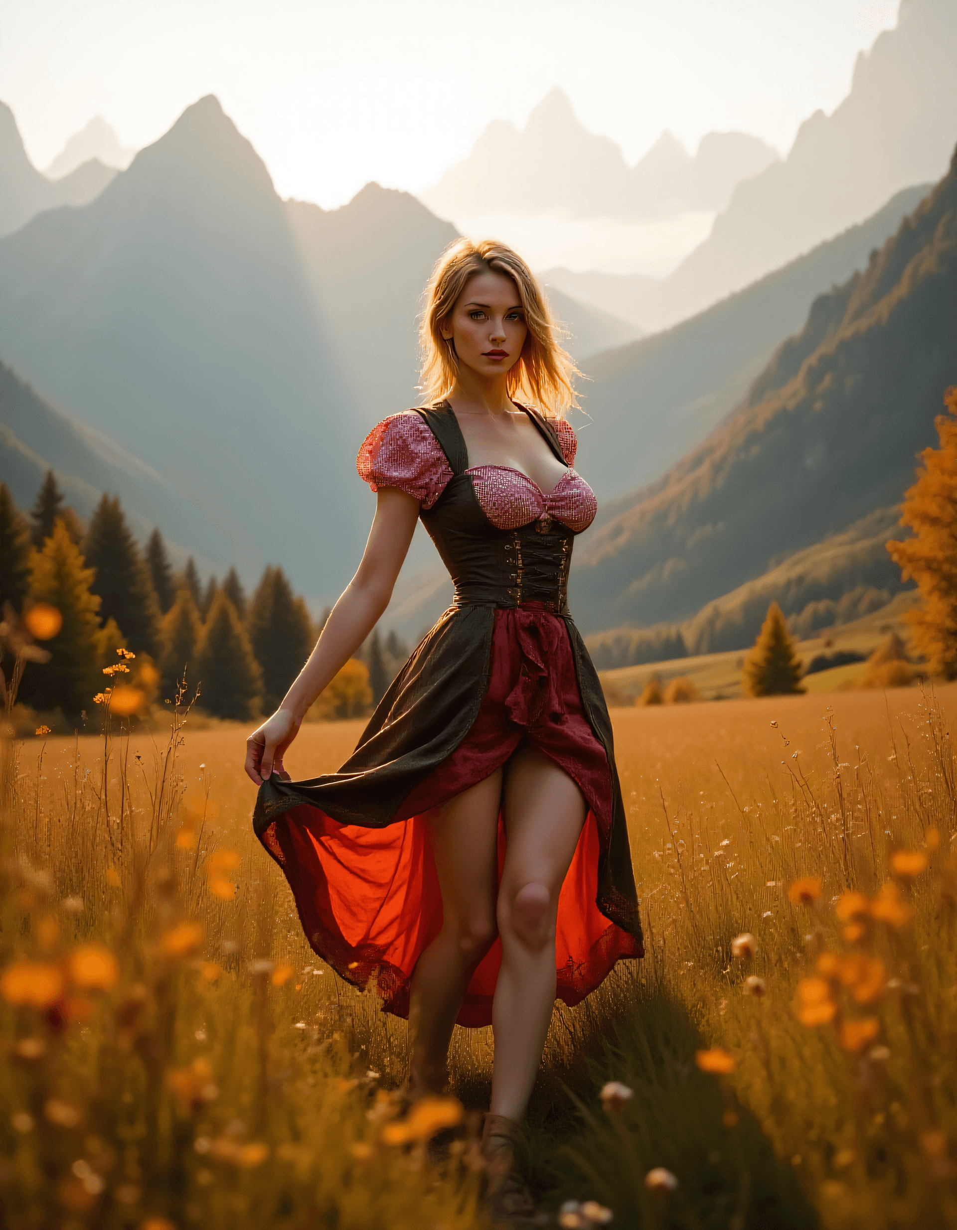 AI generated: Wide shot angle, a confident and alluring woman in a form-hugging Tracht dress, standing in the midd...