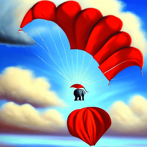AI generated: Falling elephant attached to one red parachute amidst sunny clouds.
Style: oil painting