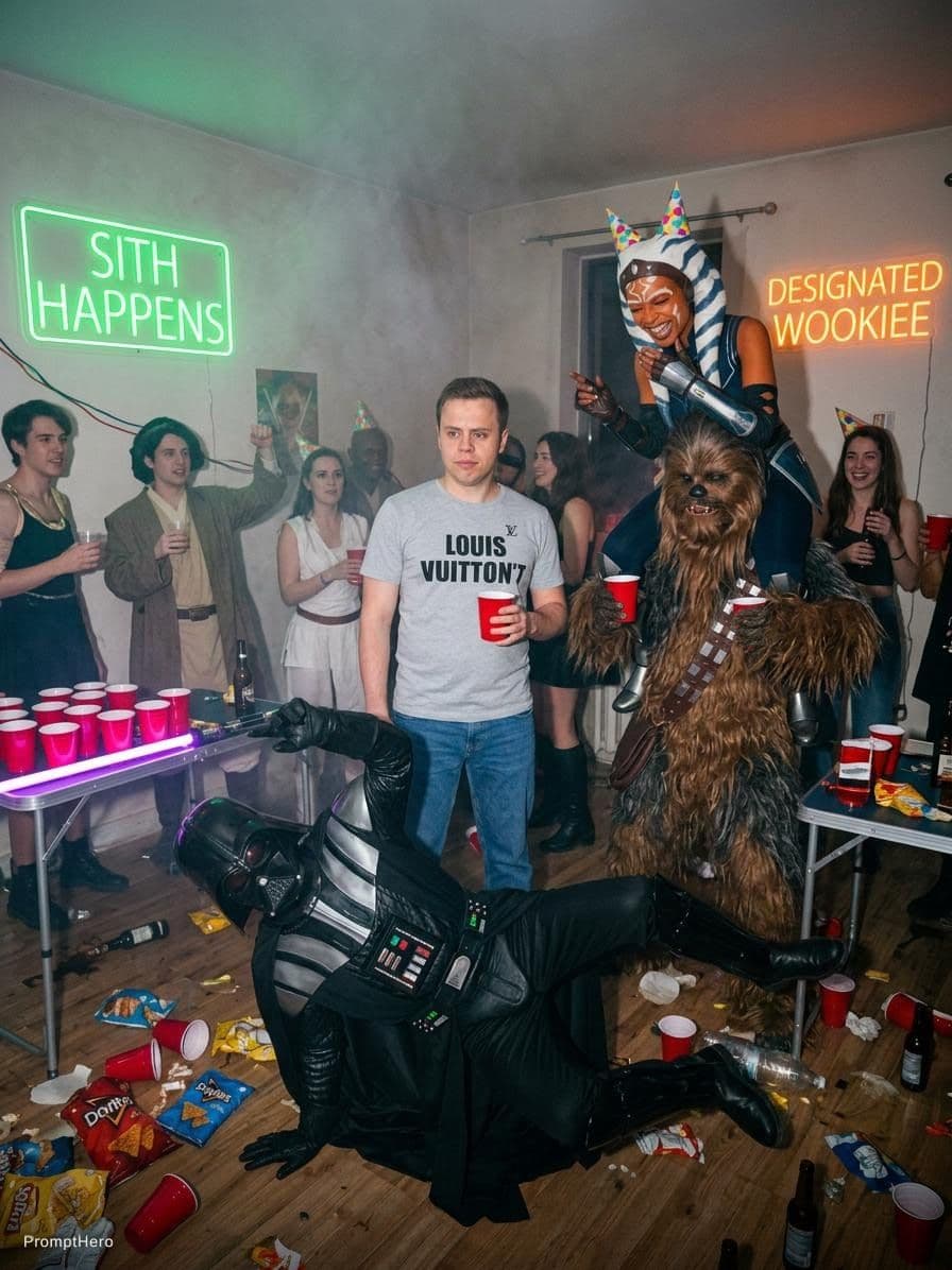 AI generated: Amatory hard-flash amateur party photo. The user (young man, short brown hair, blue eyes, wearing a ...