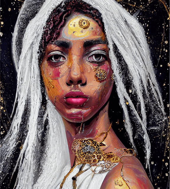AI generated: Oil painting, high resolution 8k, Pollock master painter, Byzantine artwork, 
young black lady close...