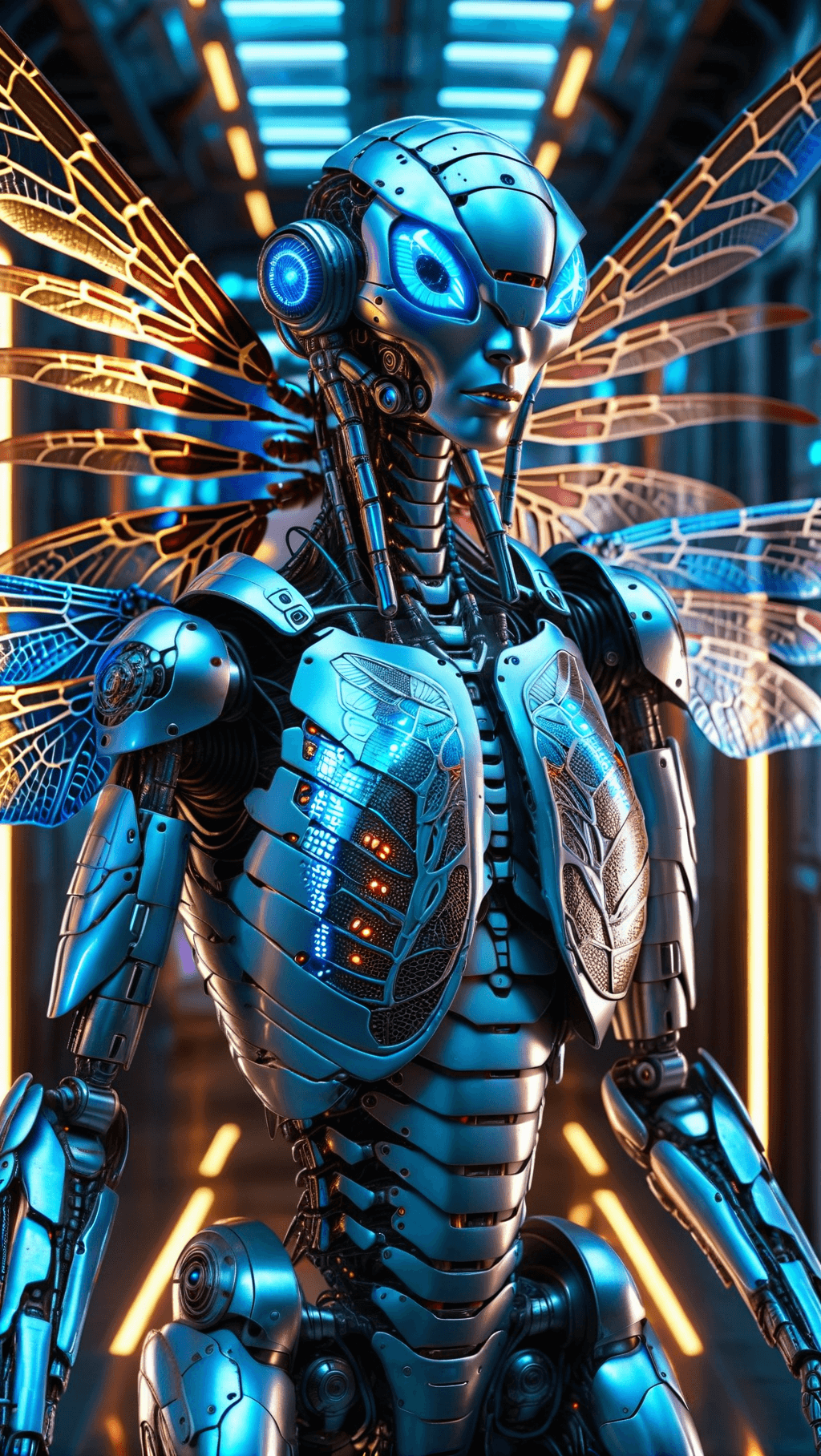 AI generated: Ultra-detailed cyborg in a spaceship (blue eyes), with anthropomorphic cybernetic elements on metal ...