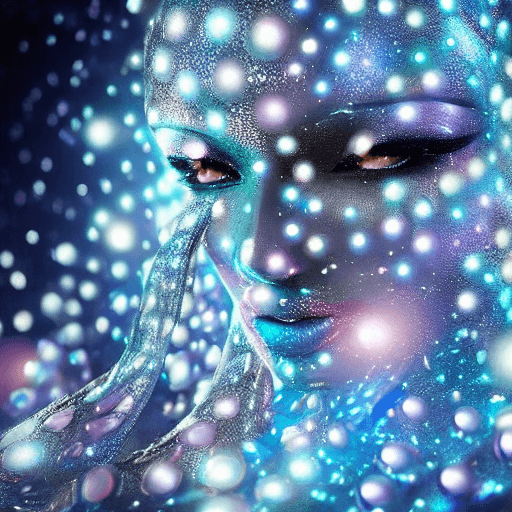 AI generated: gorgeous woman created from diamond, silk, diamonds, gems, sparkling dots, in crystal cave backgroun...