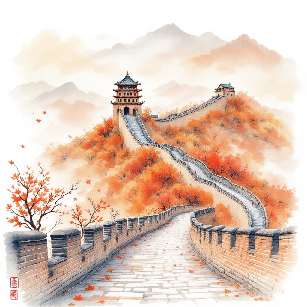 AI generated: watercolor painting of the Great Wall in autumn, in the style of a Chinese ink painting, with an ora...