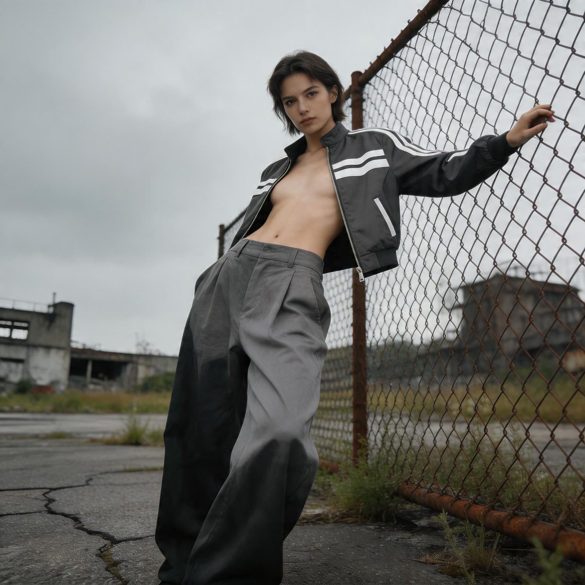 AI generated: Fashion photo of a Female model with boyish silhouette wearing cropped racing jacket and wide-leg pa...