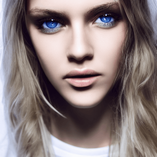 AI generated: Close-up photo of a beautiful model girl, blue eyes, wearing a white t-shirt, photorealistic, high c...