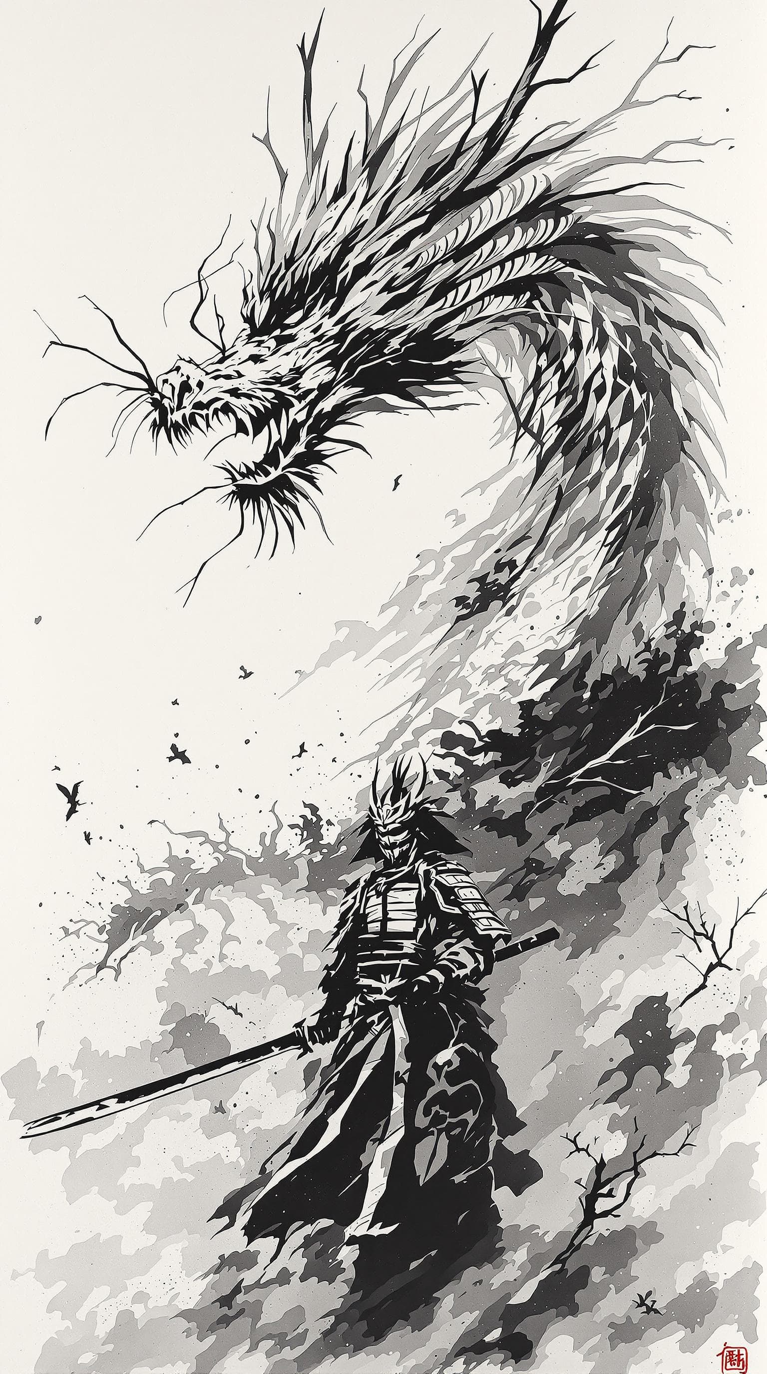 AI generated: Japanese samurai in front of a dragon, in the style of minimalist ink, light white and dark grey, go...