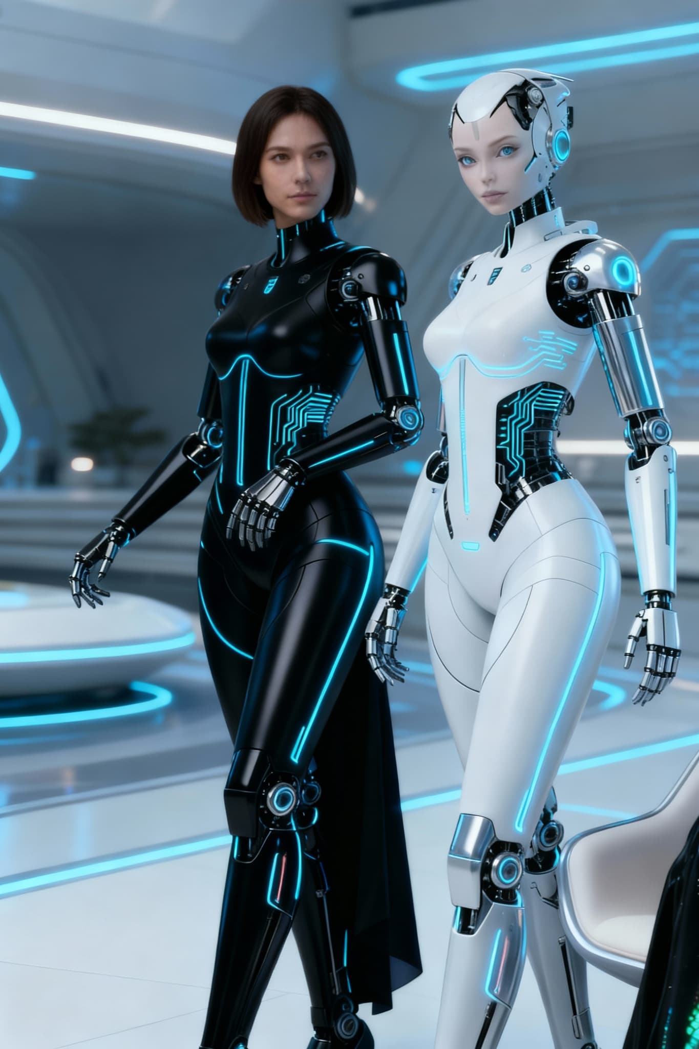 AI generated: Give the character in black a female's face and head.