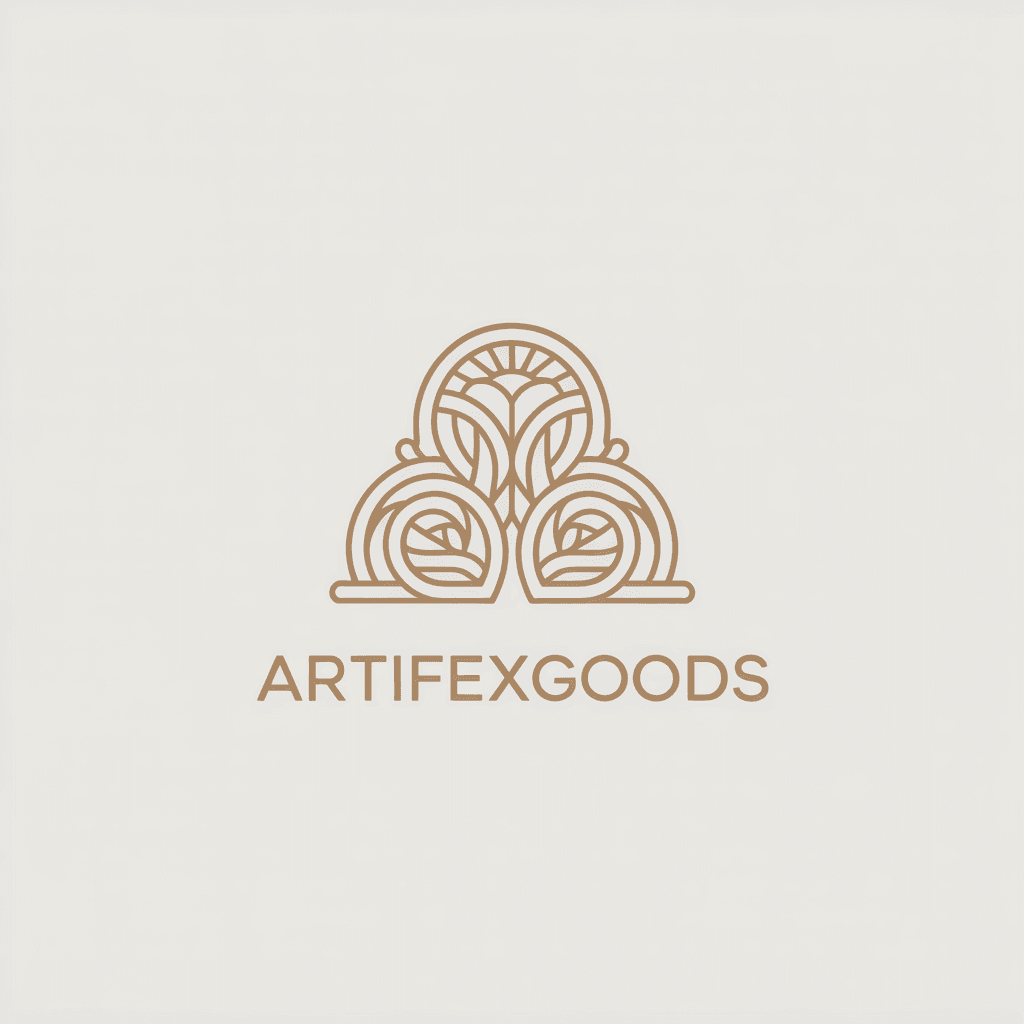 AI generated: Logo of brand with the in gold color "ArtifexGoods" over a white background. luxury icon related han...