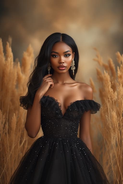 AI generated: A stunning portrait of a beautiful Black woman, wearing a black off-the-shoulder evening gown with a...