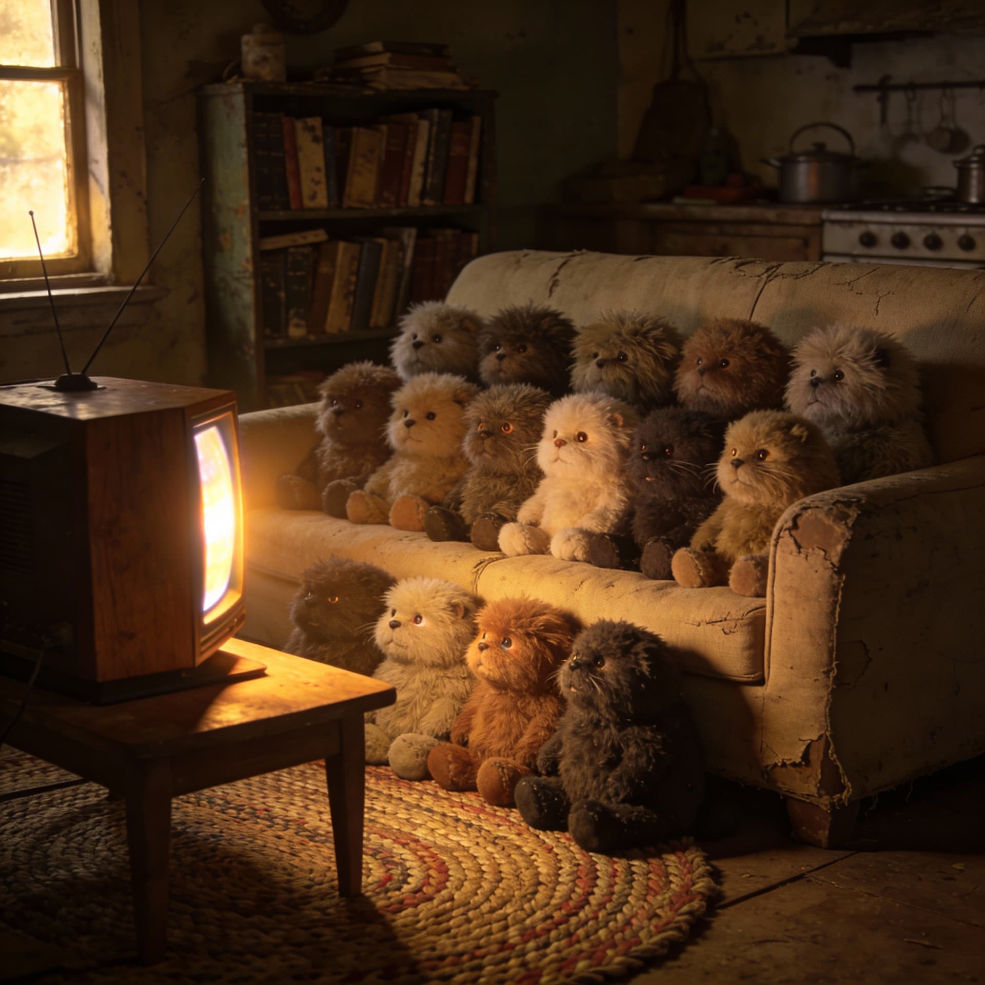 AI generated: A medium shot of the 14 fluffy characters sitting squeezed together side-by-side on a worn beige fab...