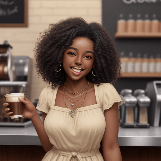 AI generated: (masterpiece, best quality), (((dark skin))), curly hair, barista, realistic, laughing, necklace,