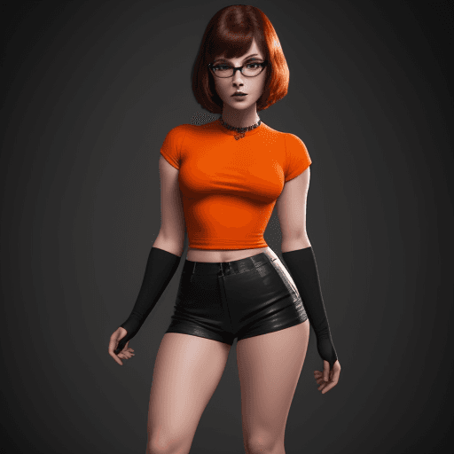 AI generated: velma from scooby-doo, beautiful charismatic girl, showing piercing, athletic body, a woman an orang...