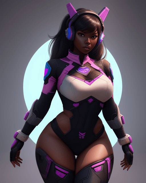 AI generated: Female, adult, dark skin, evil, D.va, future tech, thick thighs