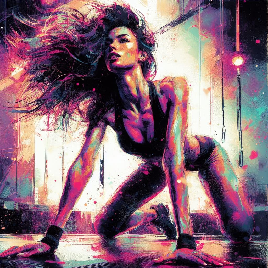 AI generated: aesthetic, painterly style, modern ink, beautiful girl training at the gym doing yoga, intense, sens...
