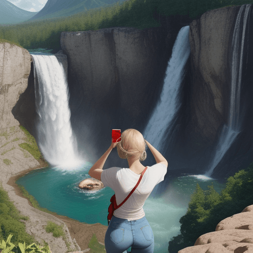 AI generated: A blonde woman takes pictures of the shapely man with her phone, You can see only the back half of t...