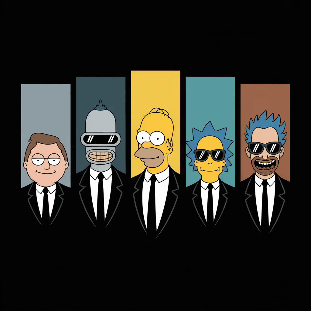 AI generated: Cartoon illustration of Roger from American Dad, Bender from Futurama, Homer Simpson from The Simpso...