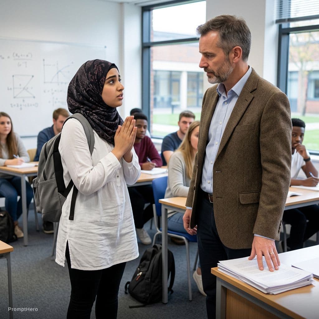 AI generated: Ragazza di 18 anni, araba, con hijab, a scuola, davanti al professore di 50 anni, implora il profess...