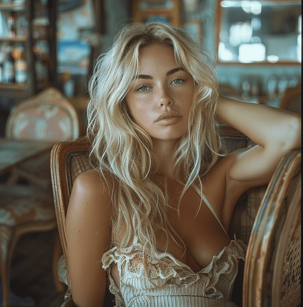 AI generated: a blonde woman with long hair leans on a chair, in the style of social media portraiture, earthcore,...