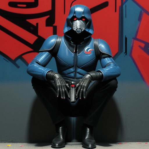 AI generated: cobra commander black cyborg photo, full body, dslr, 80s style, movie still, 35mm film, graffiti’s a...