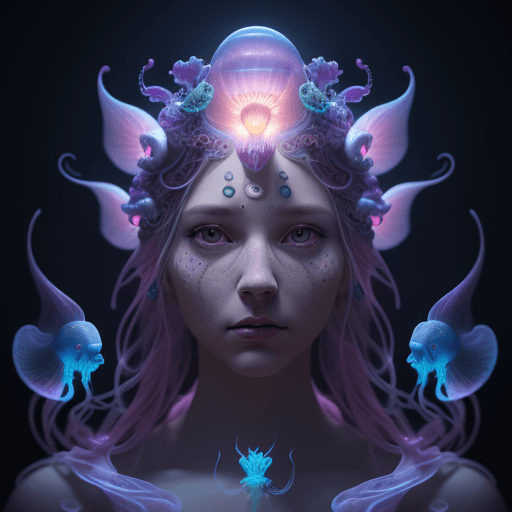 AI generated: Goddess close-up portrait ribcagel. jellyfish phoenix head, nautilus, orchid, skull, betta fish, bio...