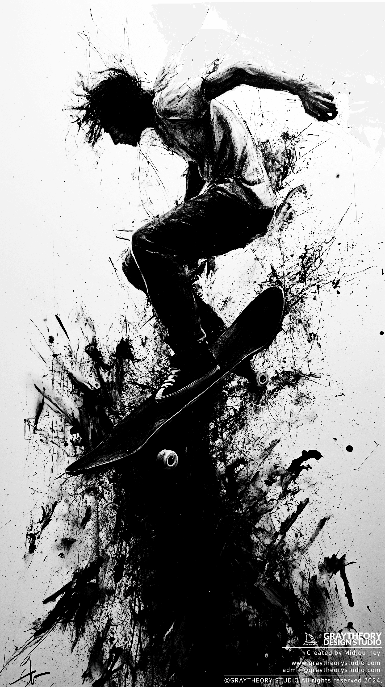 AI generated: artistic, Anna Razumovskaya style, skate boarder, professional artwork, heavy touched, grunge, Banks...