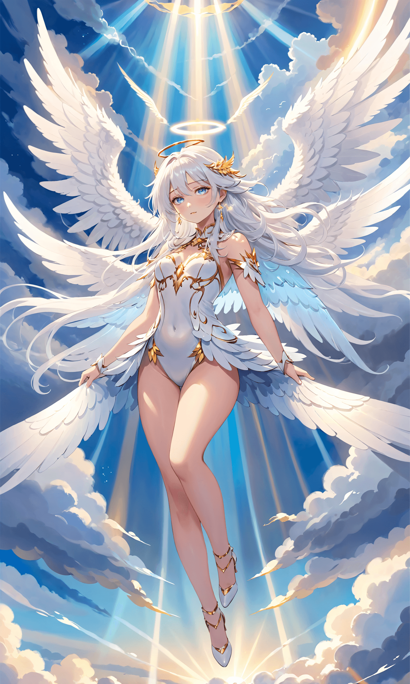 AI generated: an seductive angel, three pairs of wings, long white hair, descending from the cloud filled sky with...