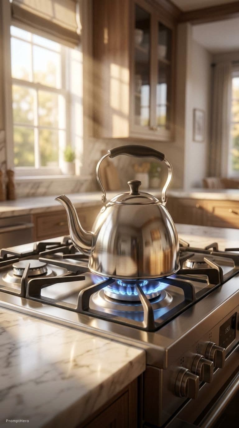 AI generated: Ultra-realistic modern kitchen interior, close-up of a gas stove with a blue natural gas flame burni...