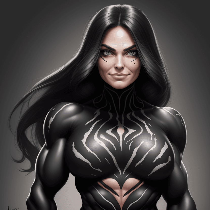 AI generated: 1 bodybuilder woman wearing symbiote with a wide jaw,  young beautiful face, soft face, full body vi...