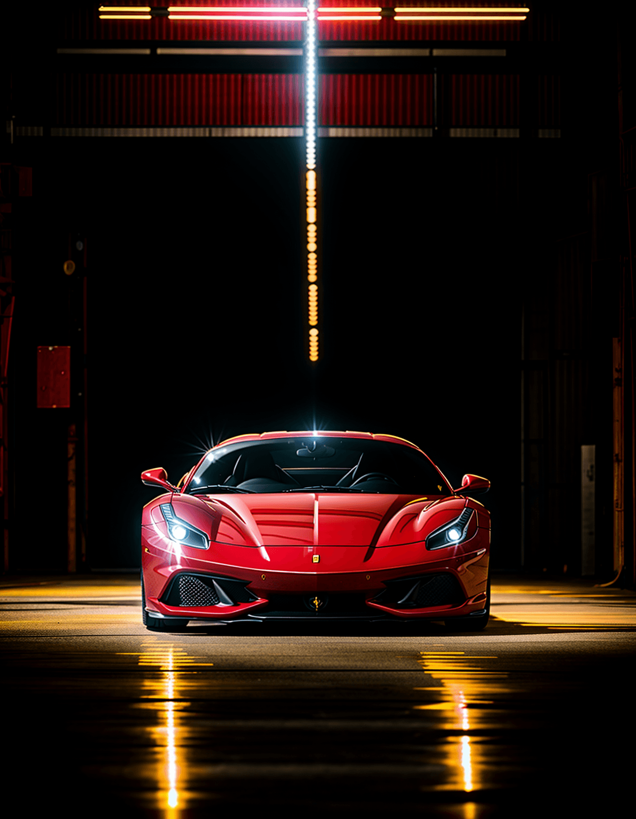 AI generated: red ferrari in an abandoned warehouse, volumetric lighting, light rays