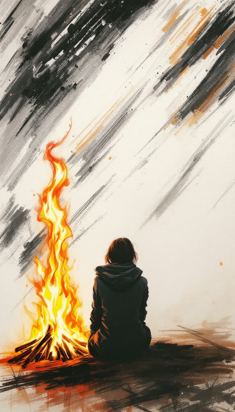 AI generated: Sketch Art, Textured Crayon Lines, Expressive Brushstrokes, Evocative, Woman by a Fire, Sharing Stor...