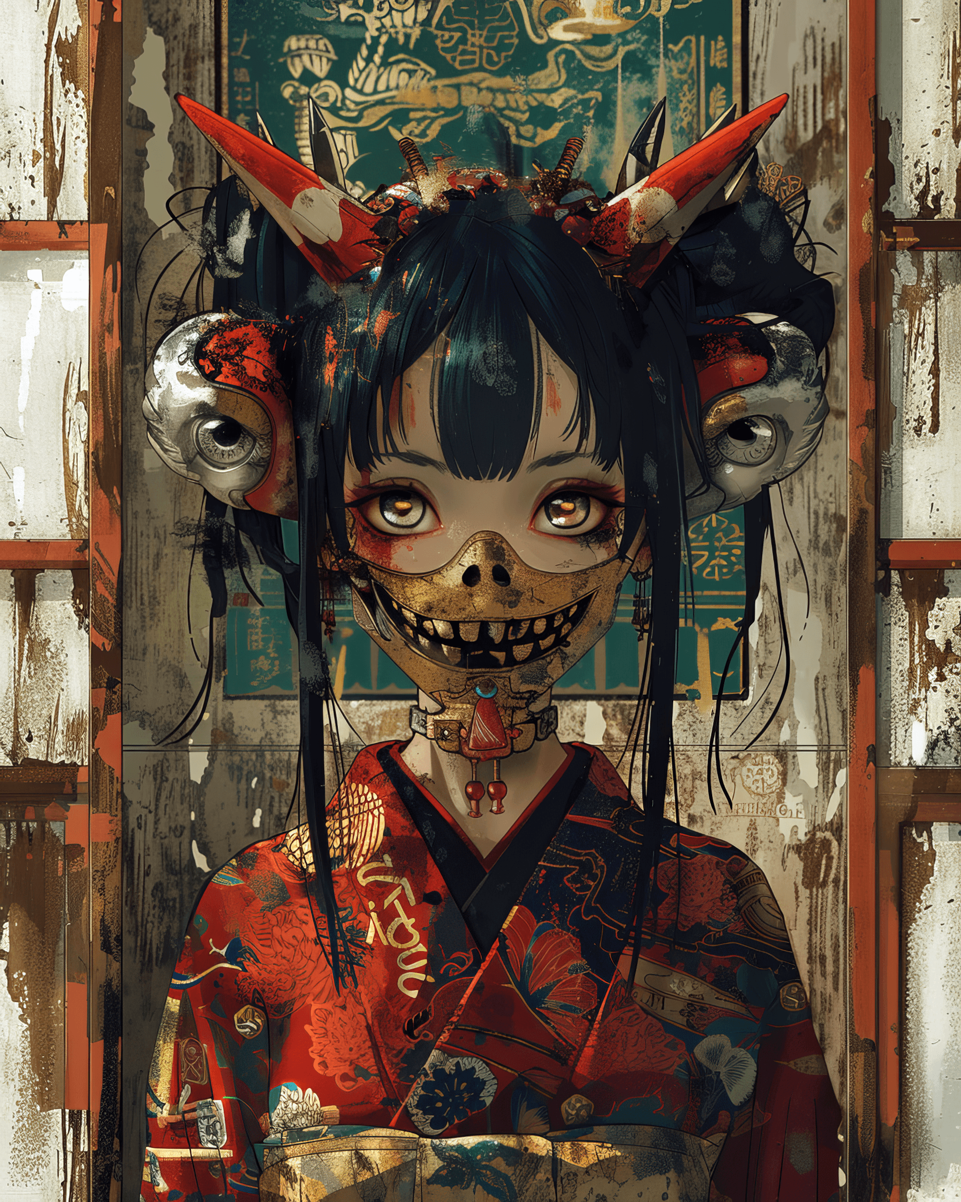 AI generated: monster girl, solo, oni girl, horns, kimono, japanese temple, spirits, yokai, vampire teeth --ar 4:5...
