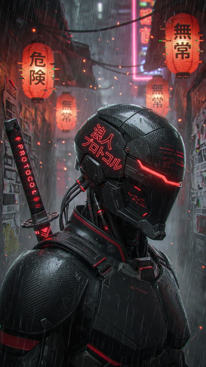 AI generated: A hyper-realistic, cinematic portrait of a futuristic warrior known as “Ronin Protocol.” The image s...