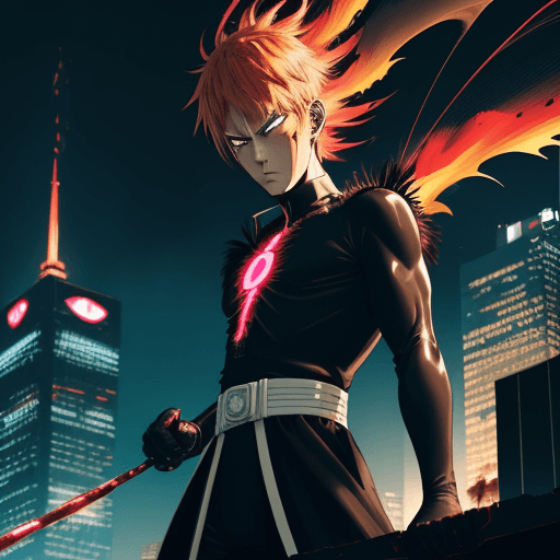 AI generated: high ground angle shot, a character looking like One Punch Man standing on top of a skyscrapper, neo...