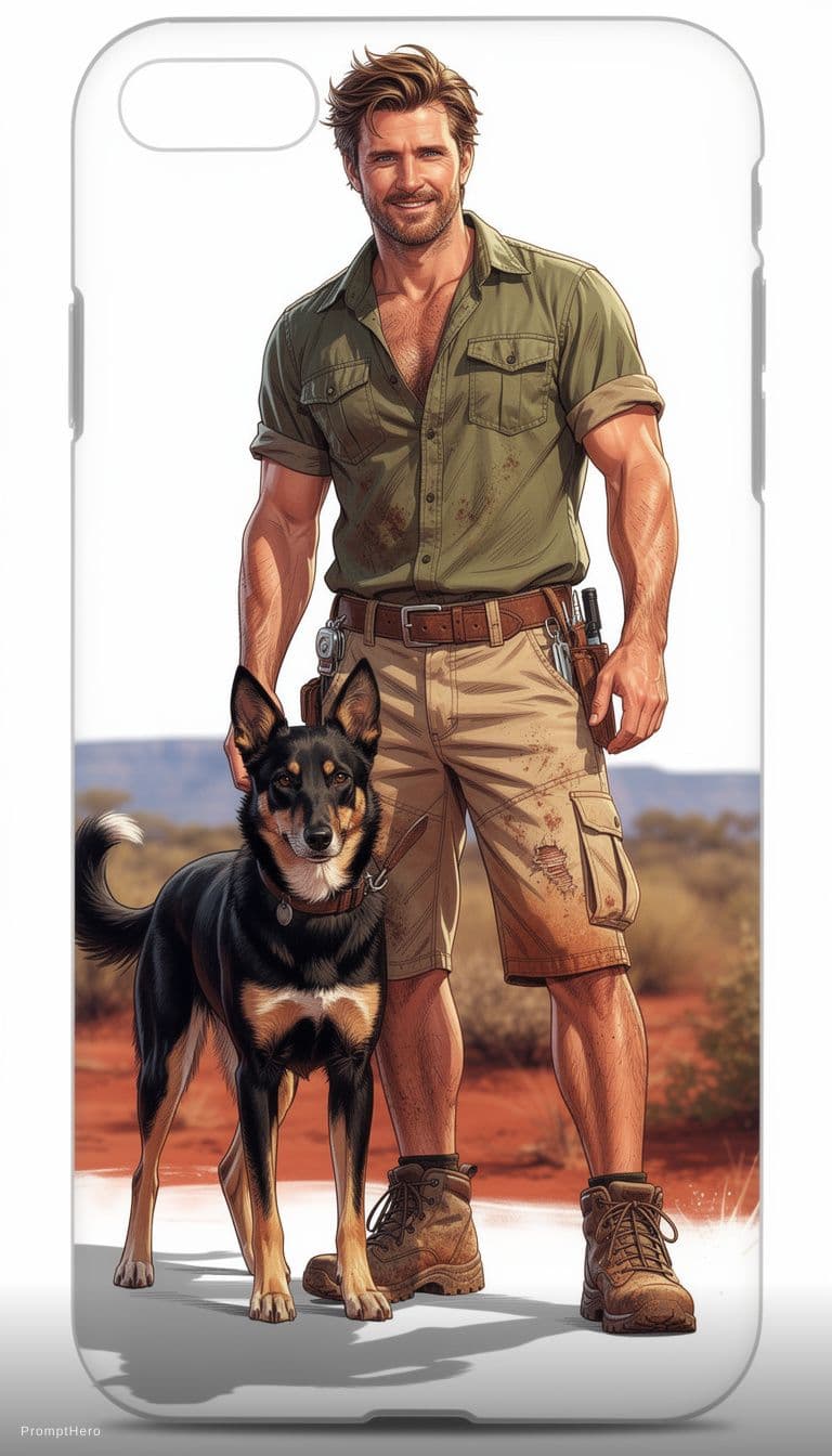 AI generated: Create a striking, realistic illustration for a men's phone case, featuring an Australian man with h...